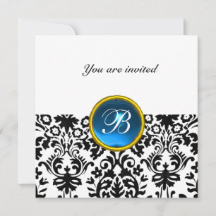 Invitación Piedra de gema de DAMASCO Monograma azul zafiro bl