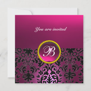 Invitación Piedra de gema de Damasco MONOGRAMA negro fucsia, 