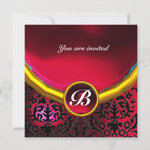Invitación Piedra de gema de DAMASCO monograma rojo rubí burd