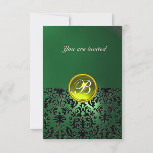 Invitación Piedra de gema de DAMASCO monograma verde amarillo
