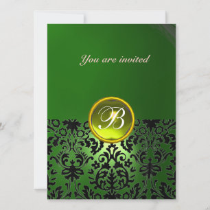 Invitación Piedra de gema de DAMASCO Monograma verde amarillo