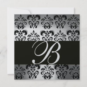 Invitación Piedra de plata de MONOGRAM en DAMASK NEGRO y BLAN