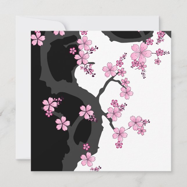 Invitación Piedra japonesa de kimono negro y rosa blanco (Anverso)