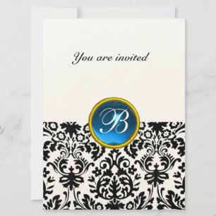 Invitación Piedra preciosa DAMASK MONOGRAM azul zafiro motead