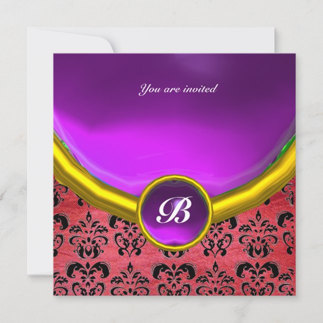 Invitación Piedra preciosa DAMASK MONOGRAM de seda morada ros (Anverso)