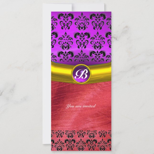 Invitación Piedra preciosa DAMASK MONOGRAM de seda violeta pú (Anverso)