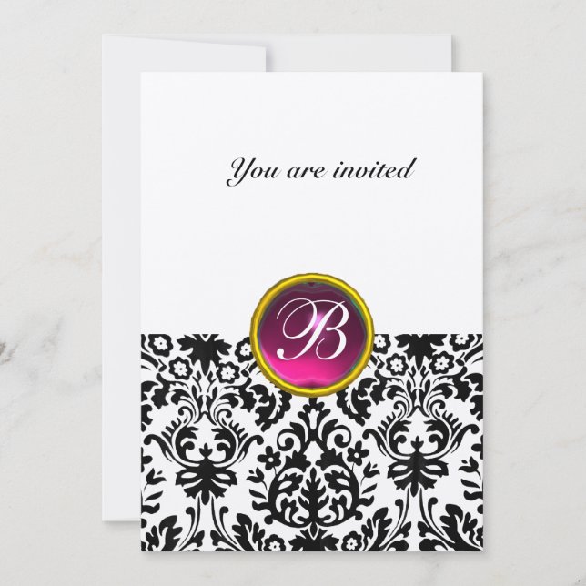 Invitación Piedra preciosa DAMASK MONOGRAM rubí rosa fucsia b (Anverso)