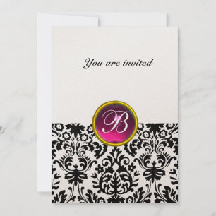 Invitación Piedra preciosa DAMASK MONOGRAM rubí rosa fucsia b