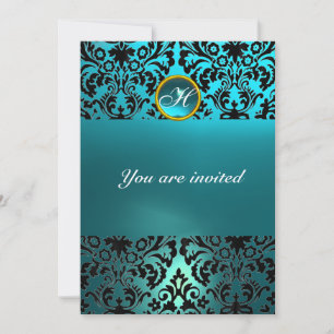 Invitación Piedra preciosa DAMASK MONOGRAMA aguamarina azul