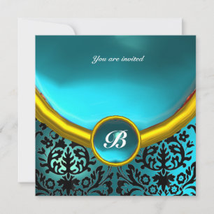 Invitación Piedra preciosa DAMASK MONOGRAMA aguamarina azul