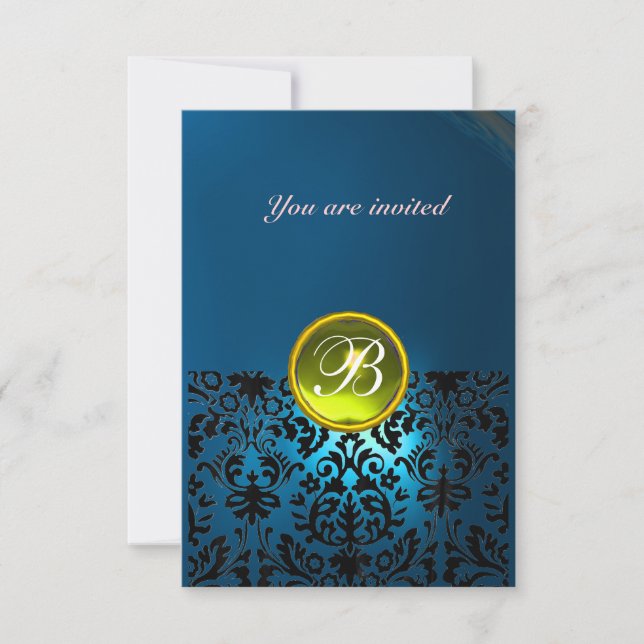 Invitación Piedra preciosa DAMASK MONOGRAMA azul amarillo rsv (Anverso)