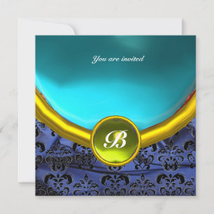 Invitación Piedra preciosa DAMASK MONOGRAMA azul negro amaril