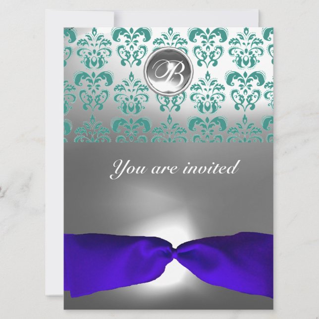 Invitación Piedra preciosa DAMASK MONOGRAMA cinta azul (Anverso)
