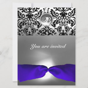 Invitación Piedra preciosa DAMASK MONOGRAMA cinta azul