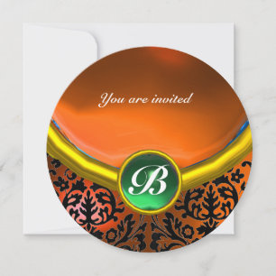 Invitación Piedra preciosa DAMASK MONOGRAMA naranja verde