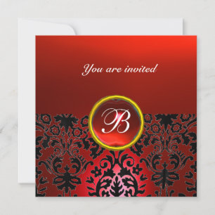 Invitación Piedra preciosa DAMASK MONOGRAMA rojo negro blanco