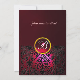 Invitación Piedra preciosa DAMASK MONOGRAMA rojo rubí burgund