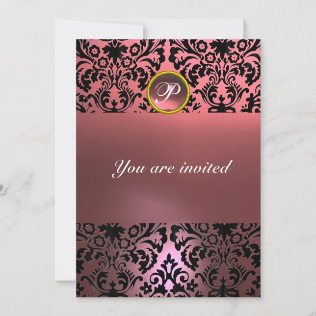 Invitación Piedra preciosa DAMASK MONOGRAMA rosa (Anverso)