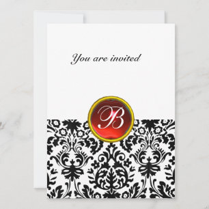 Invitación Piedra preciosa DAMASK MONOGRAMA rubí rojo blanco