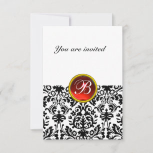 Invitación Piedra preciosa DAMASK MONOGRAMA rubí rojo blanco