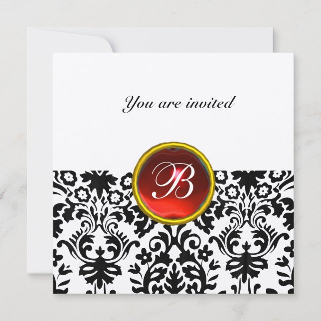 Invitación Piedra preciosa DAMASK Monograma rubí rojo oro (Anverso)