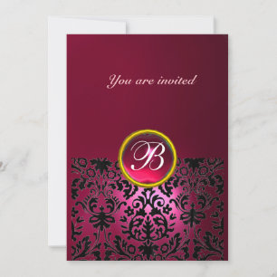 Invitación Piedra preciosa DAMASK MONOGRAMA rubí rosa fucsia