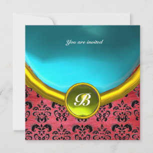 Invitación Piedra preciosa DAMASK MONOGRAMA seda púrpura azul
