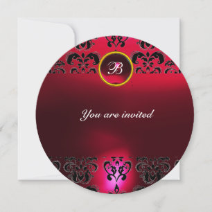 Invitación Piedra preciosa rubí damasco monograma negro rojo 