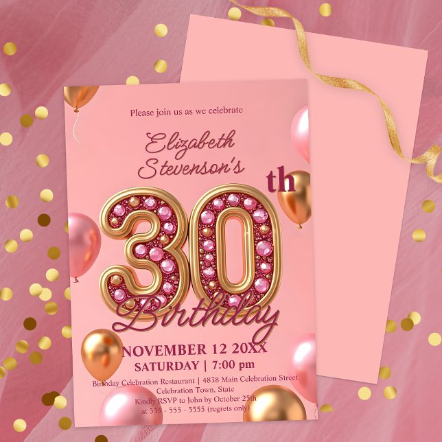 Invitación Piedras de gema rosadas y doradas 30 cumpleaños (Subido por el creador)