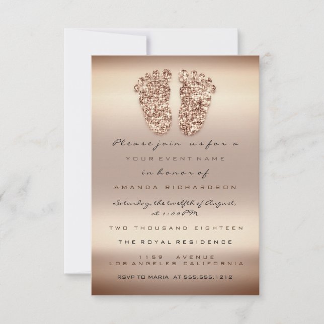 Invitación Piel de oro Rosa de pies Baby Shower Purpurina de  (Anverso)