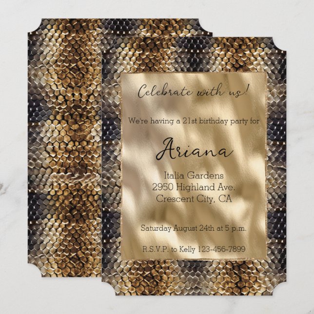 Invitación Piel de serpiente negra dorada de moda Bronce (Anverso / Reverso)