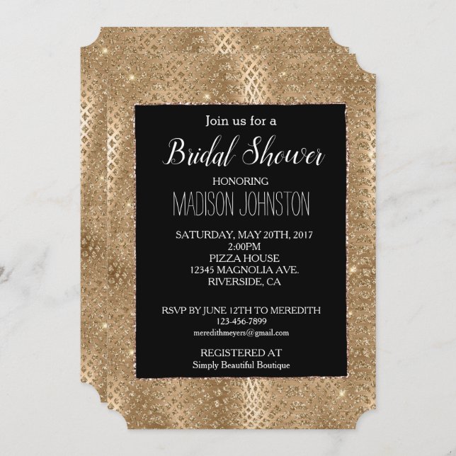 Invitación Piel de serpiente Purpurina de Glam de oro negro (Anverso / Reverso)