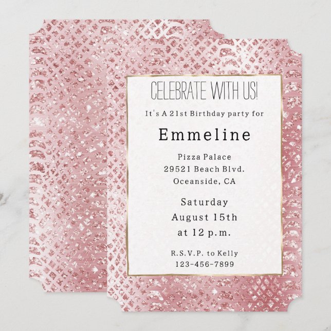 Invitación Piel de serpiente Purpurina de glam rosa Rubor (Anverso / Reverso)