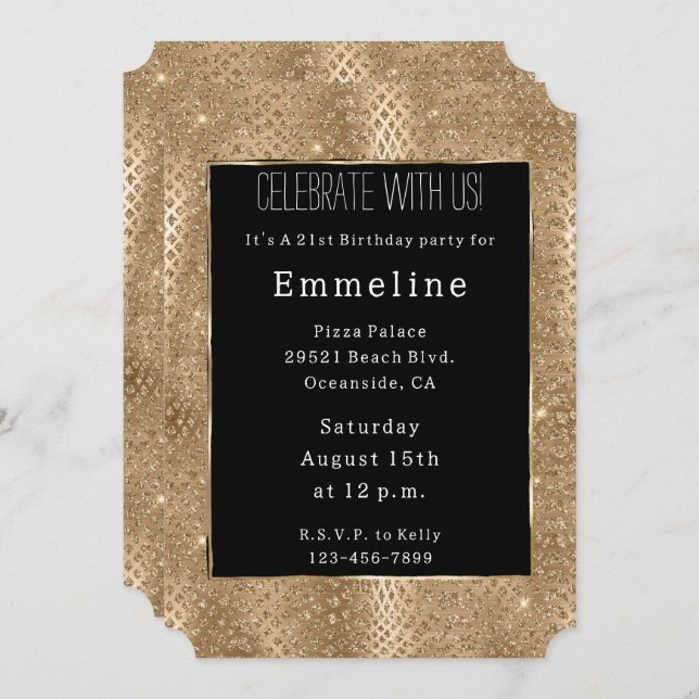 Invitación Piel de serpiente Purpurina Glam Gold (Anverso / Reverso)