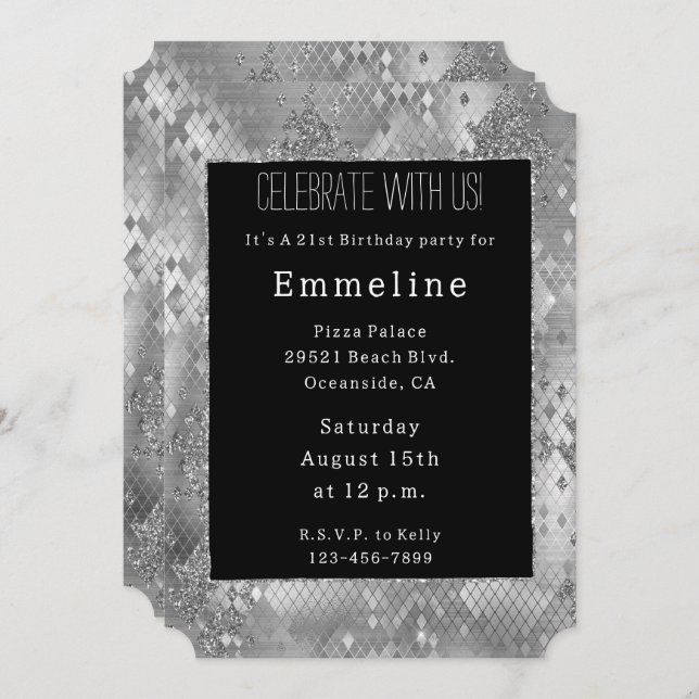 Invitación Piel de serpiente Purpurina Glam Plata (Anverso / Reverso)