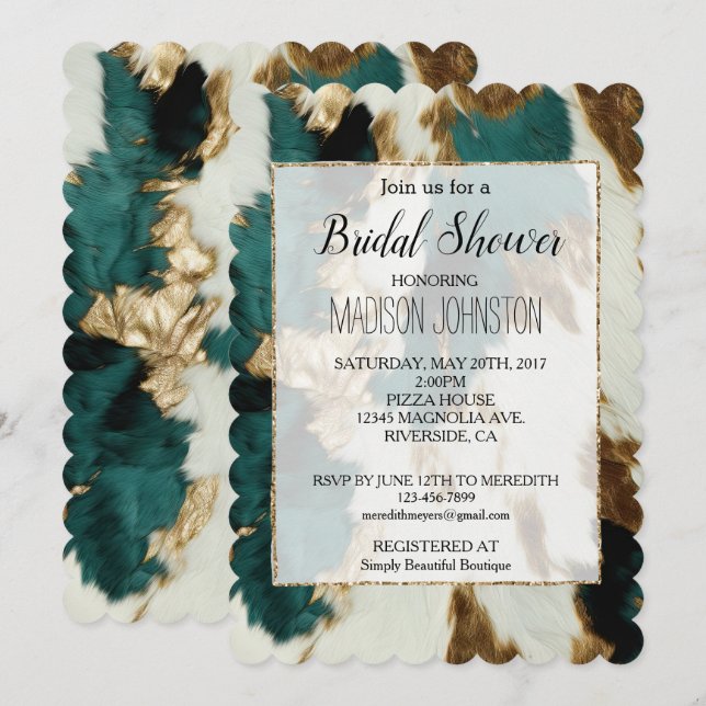 Invitación Piel de vaca Blanco del Oro Esmeralda Occidental (Anverso / Reverso)