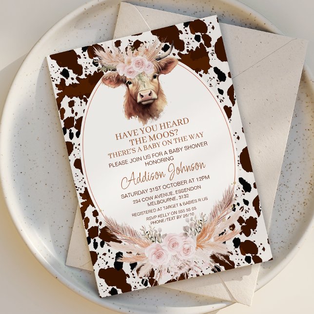 Invitación Piel de vaca Boho Pink Floral Highland Cow Baby Sh (Holy Cow baby Shower Invitation Template, Boho Pink Floral Holy Cow Baby Shower Invitation, Highland)