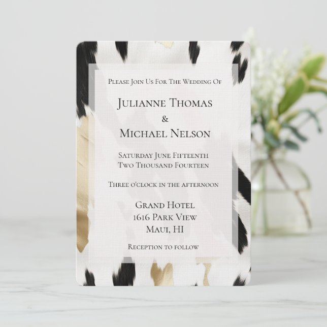 Invitación Piel de vaca del Glam del Oro Blanco Negro Boda de (Anverso de pie)