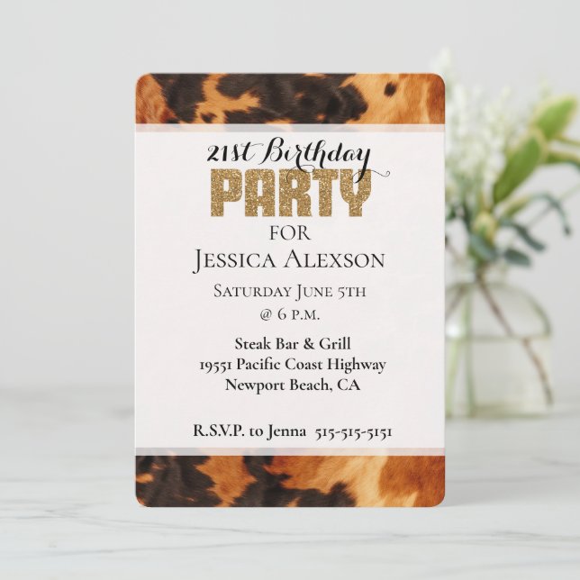 Invitación Piel de vaca negro marrón Purpurina de oro 21 cump (Anverso de pie)