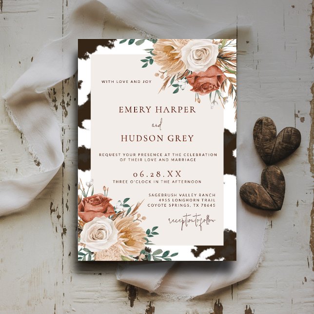 Invitación Piel de vaca País Vaquero Occidental Boho Boda Flo (western wedding invitation cowhide boho floral ranch country barn terracotta rust watercolor)