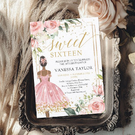Invitación Piel negra Princesa vestido rosa dorado floral