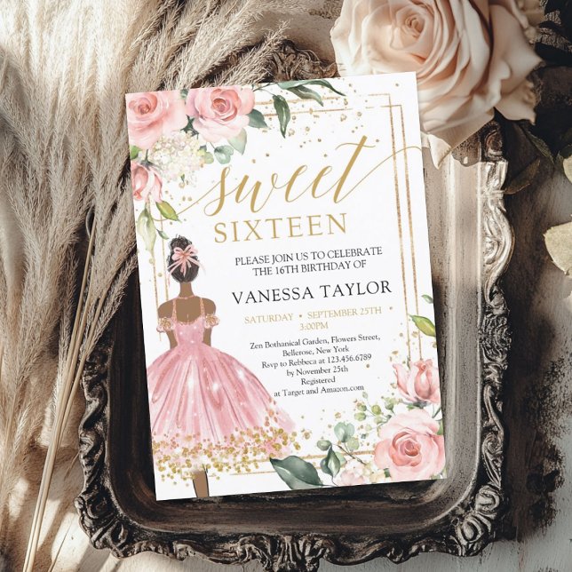 Invitación Piel negra Princesa vestido rosa dorado floral (Black skin Princess pink dress blush floral gold Invitation)