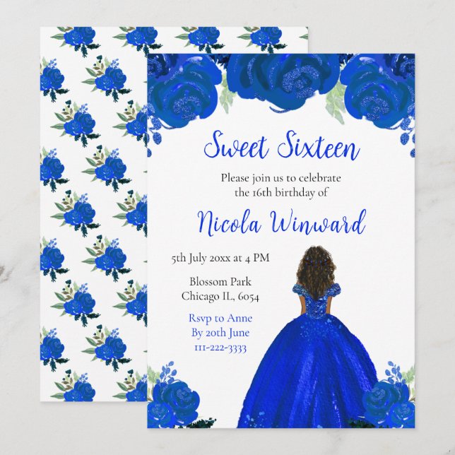 Invitación Piel Oscura Princesa Azul Floral Dulce Dieciséis (Anverso / Reverso)