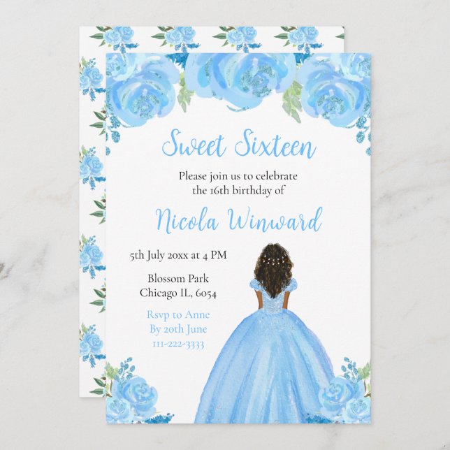 Invitación Piel Oscura Princesa Azul Floral Dulce Dieciséis (Anverso / Reverso)