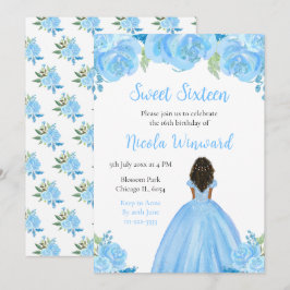 Invitación Piel Oscura Princesa Azul Floral Dulce Dieciséis