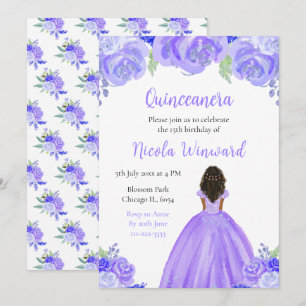 Invitación Piel Oscura Princesa Flora Púrpura Quinceanera