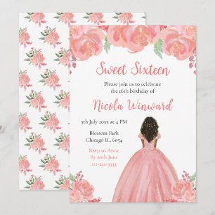 Invitación Piel Oscura Princesa Flora Rosa Dulce Dieciséis