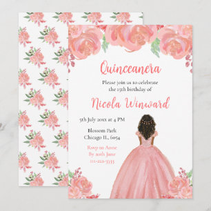 Invitación Piel Oscura Princesa Flora Rosa Quinceanera
