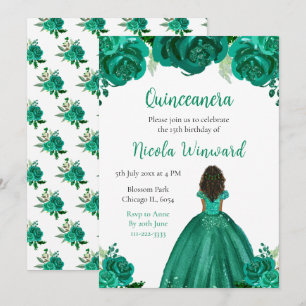 Invitación Piel Oscura Princesa Flora Verde Quinceanera