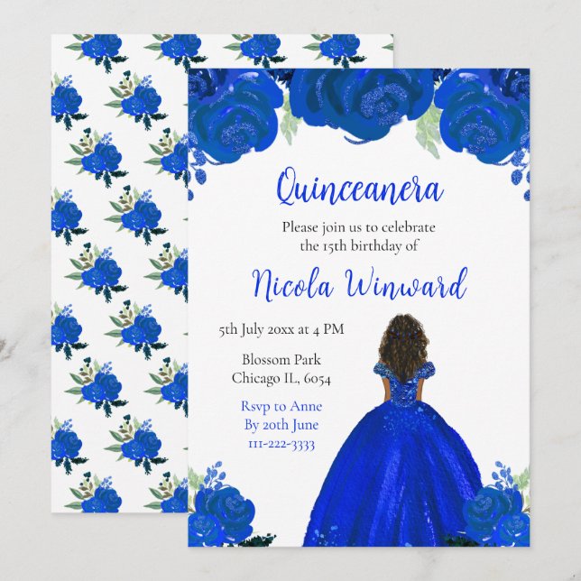 Invitación Piel Oscura Princesa Floral Azul Quinceanera (Anverso / Reverso)